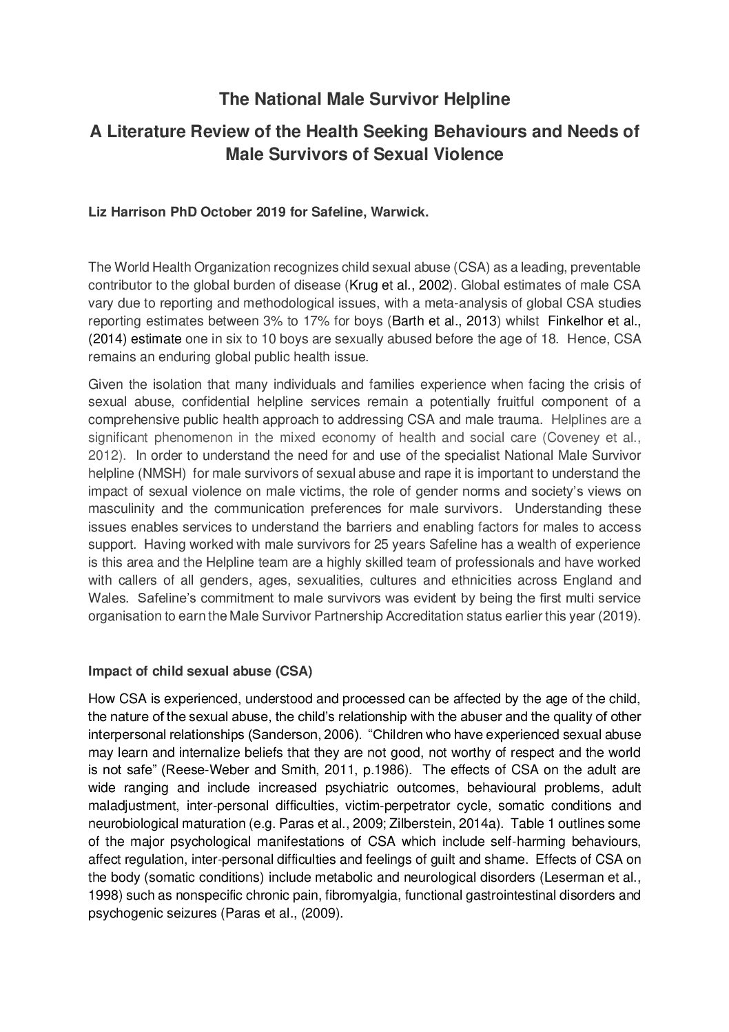 A Literature Review of the Health Seeking Behaviours and Needs of Male Survivors of Sexual Violence