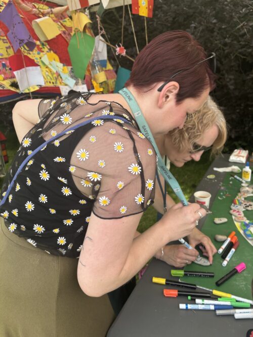 Two women leaning over a table