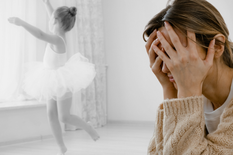 On the left hand side of the picture a little girl is dancing in a ballet tutu. This image has no colour. On the right, a woman has her head in her hands. She represents the grown up little girl