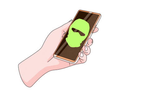 A Hand holding a mobile phone. The phone has a picture of a complete face mask - hiding the caller's identity