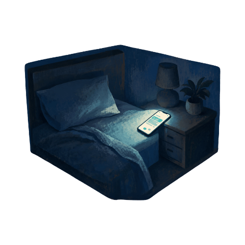 Empty bed. Only light is from the mobile phone. Ominous feel